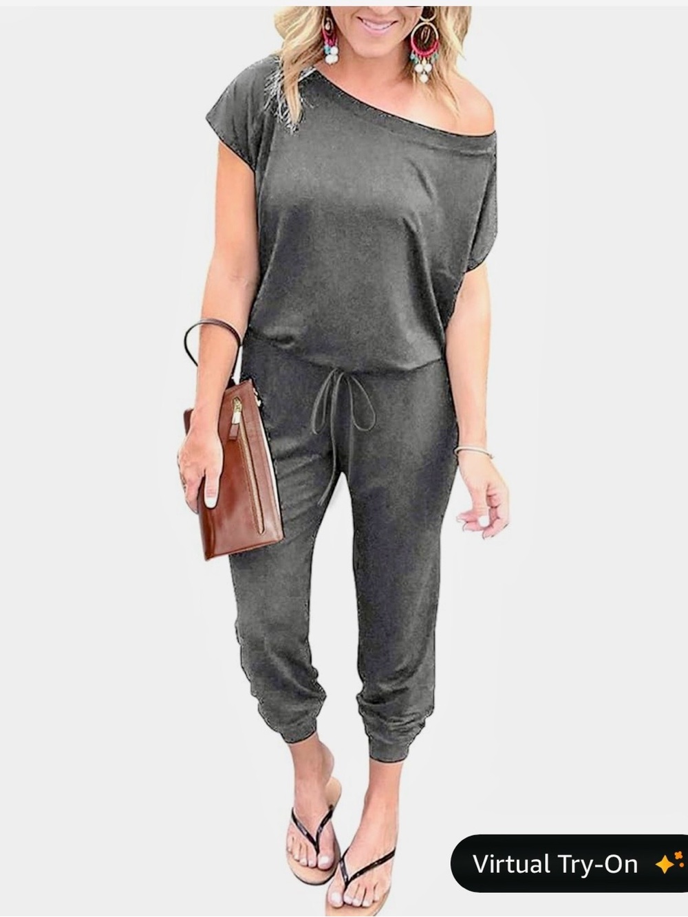 Off-Shoulder Drawstring Jumpsuit - Charcoal Gray